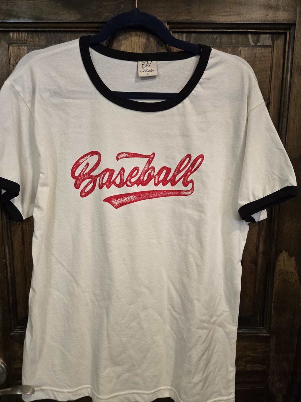 Baseball Graphic Ringer Tee - White with Black Trim and Red Script NWOT